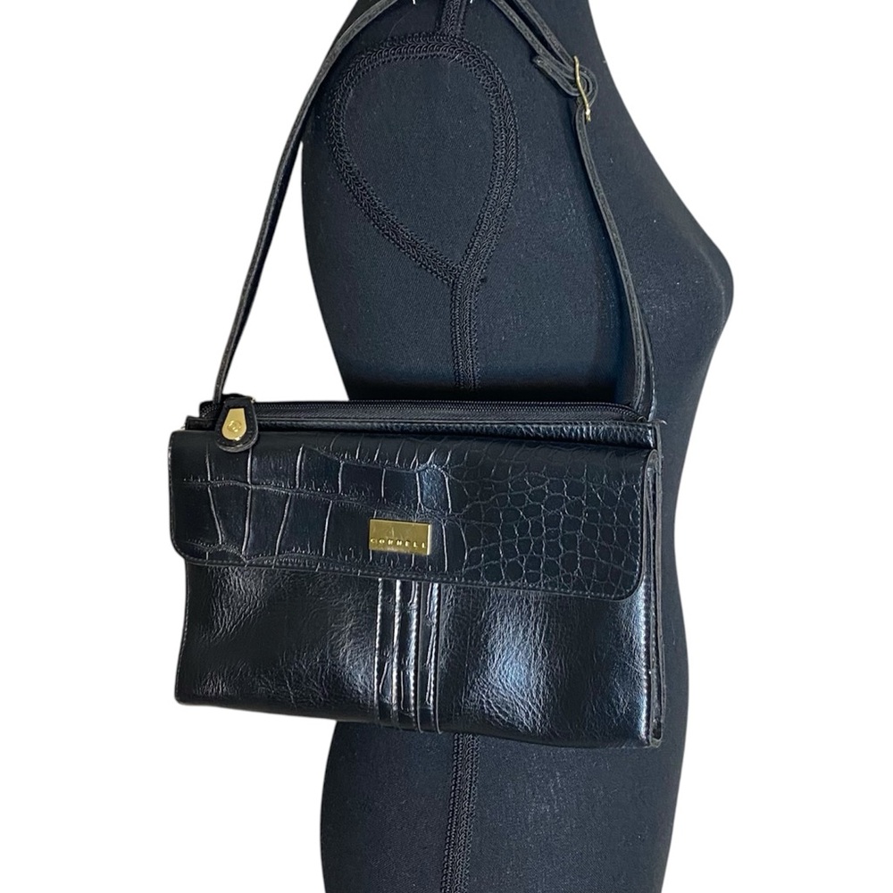 CORNELL Black Croc Embossed Shoulder Bag Purse Handbag Faux Leather